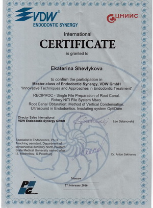 International certificate Master-class of Endodontic Synergy, VDW Gmbh, 'Innovative Techiques and Approaches in Endodontic Treatment', 27.02.2016